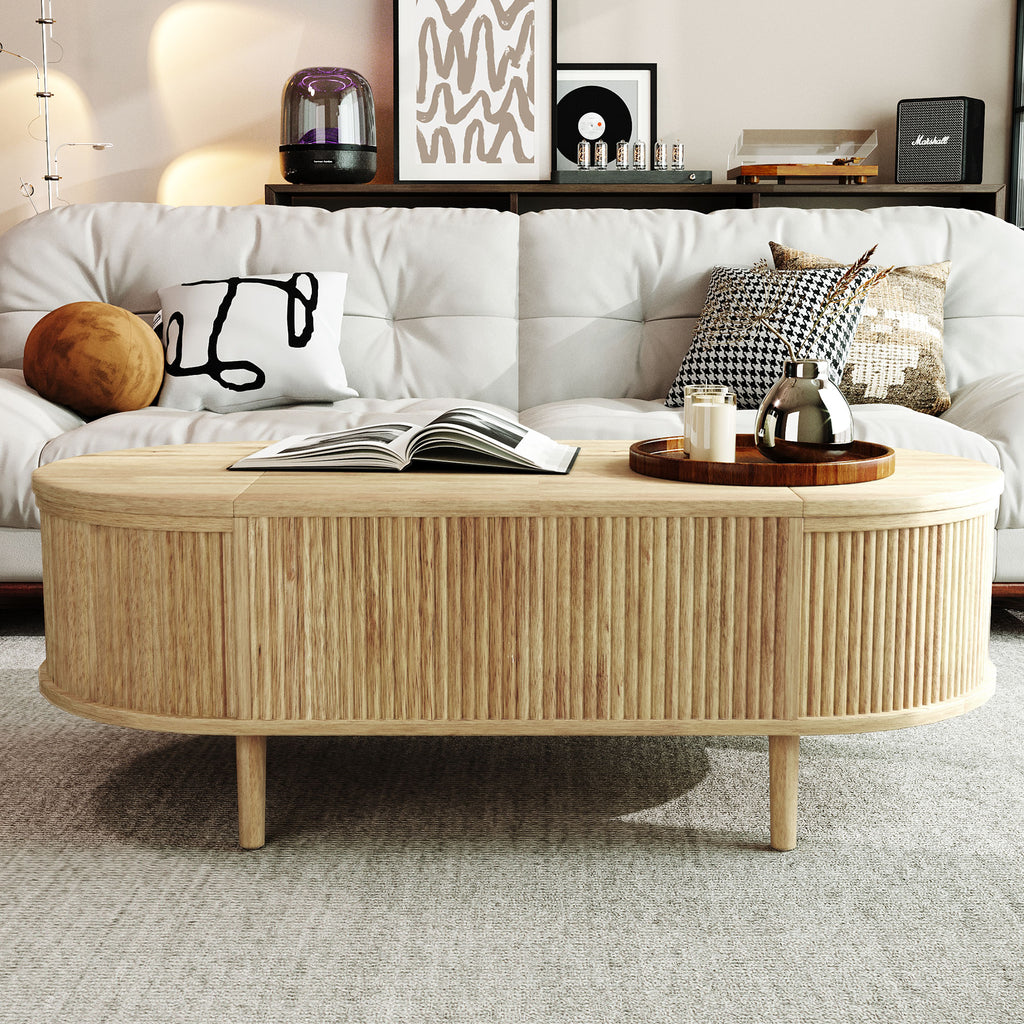 Front view of minimalist oval lift-top coffee table showing wood wave grain finish and clean lines