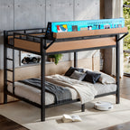 Queen Over Queen Metal Bunk Bed with Storage Shelves, Pegboard, USB Ports & LED Lights