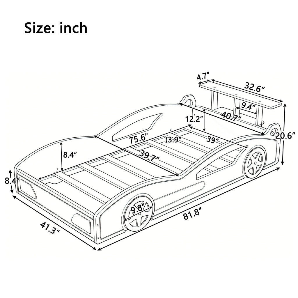Race Car Twin Bed for Teens – Blue & Yellow Wooden Platform Bed with Storage and Safety Rails