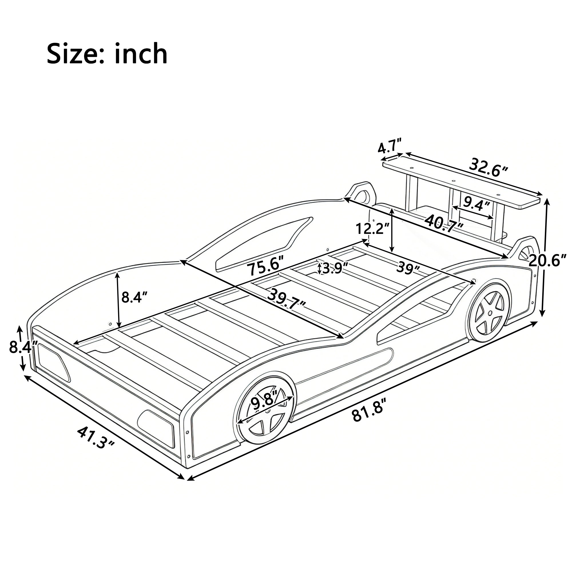 Race Car Twin Bed for Teens – Blue & Yellow Wooden Platform Bed with Storage and Safety Rails