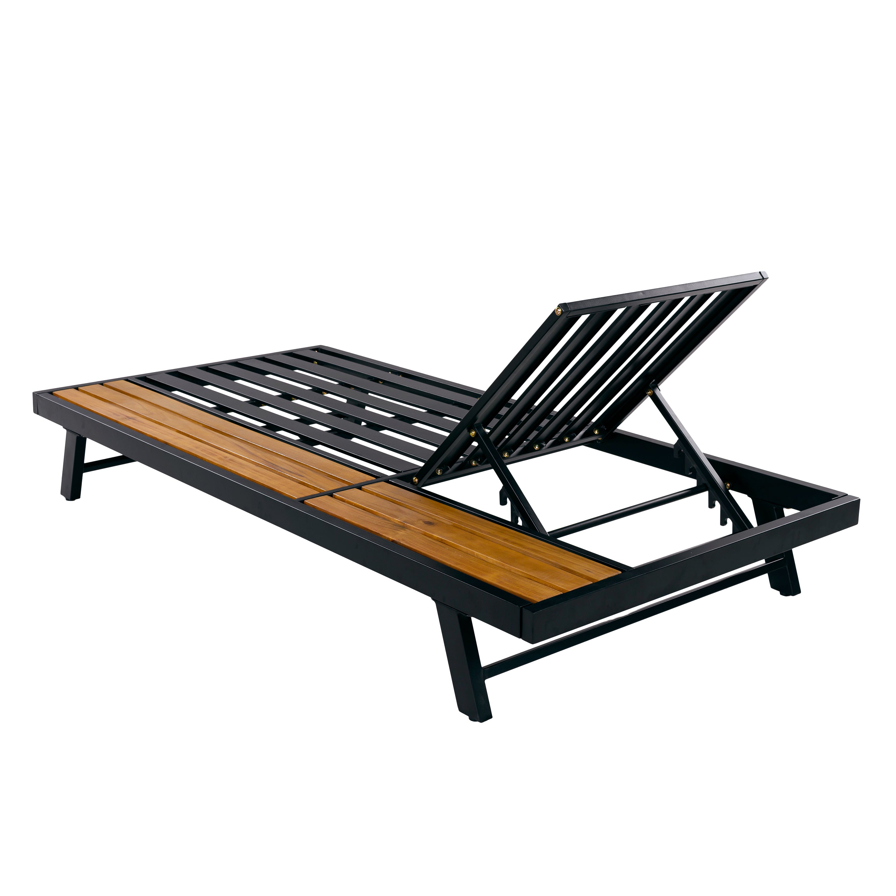 Black Iron and Teak-Finish Acacia Wood Outdoor Chaise Lounge Frame with Adjustable Backrest and Storage Surface