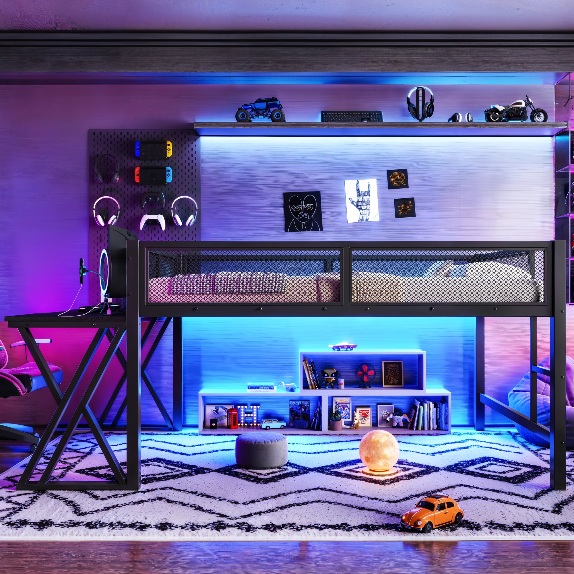 Full Size Gaming Loft Bed with Desk, LED Lights & USB Ports – Black Metal Frame Secondary image