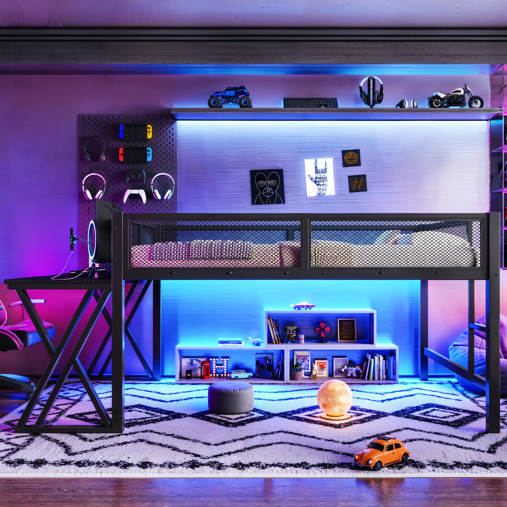 Full Size Gaming Loft Bed with Desk, LED Lights & USB Ports – Black Metal Frame