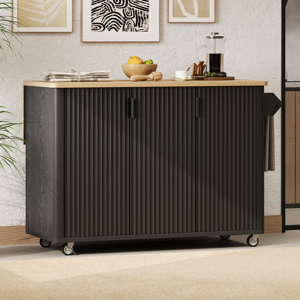 Front view of 51-inch fluted farmhouse kitchen island showing waveform panel, black ash finish, and drop leaf extended