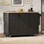 Front view of 51-inch fluted farmhouse kitchen island showing waveform panel, black ash finish, and drop leaf extended