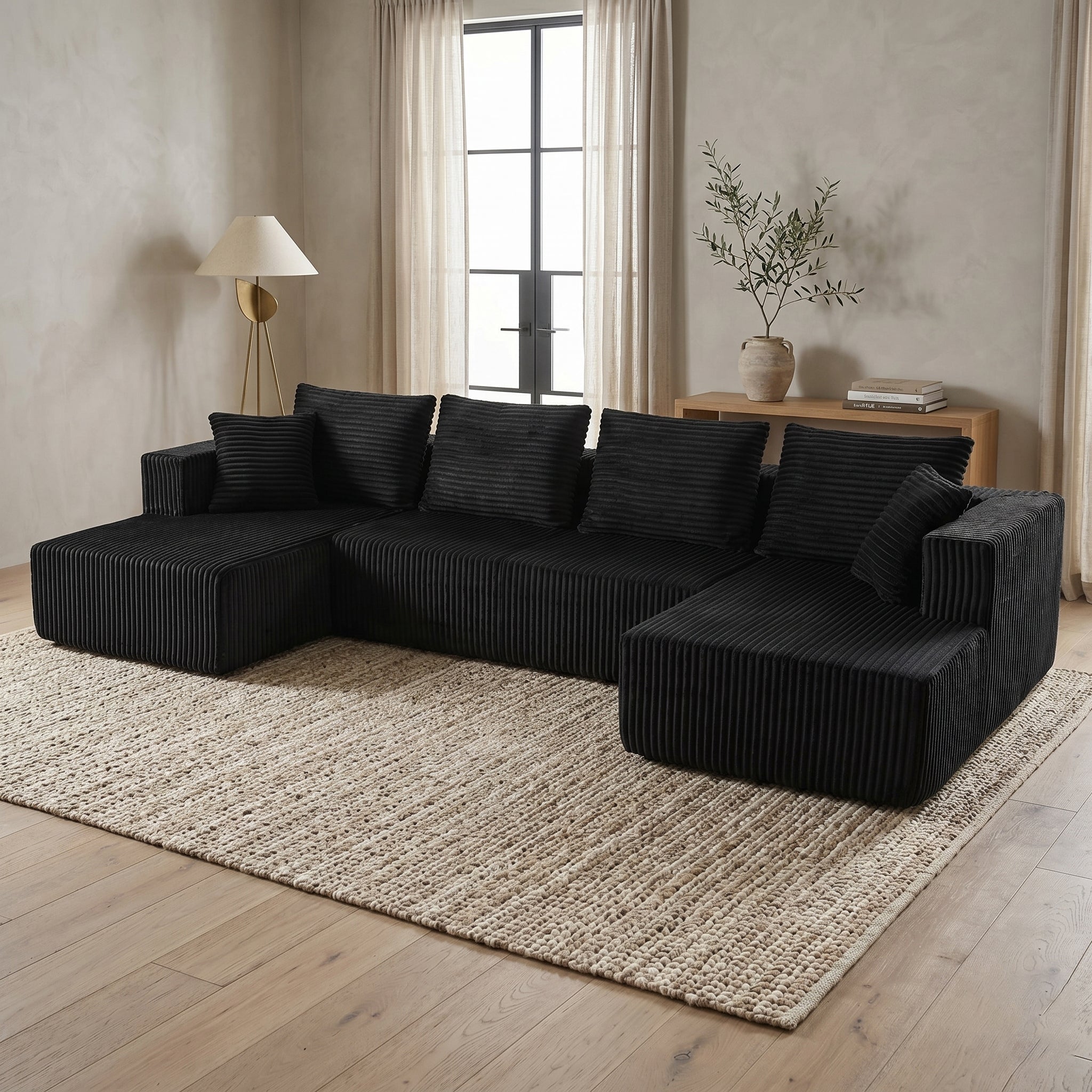 U-Shaped Corduroy Sectional Sofa with Double Chaise – 132" Black - product detail image 5