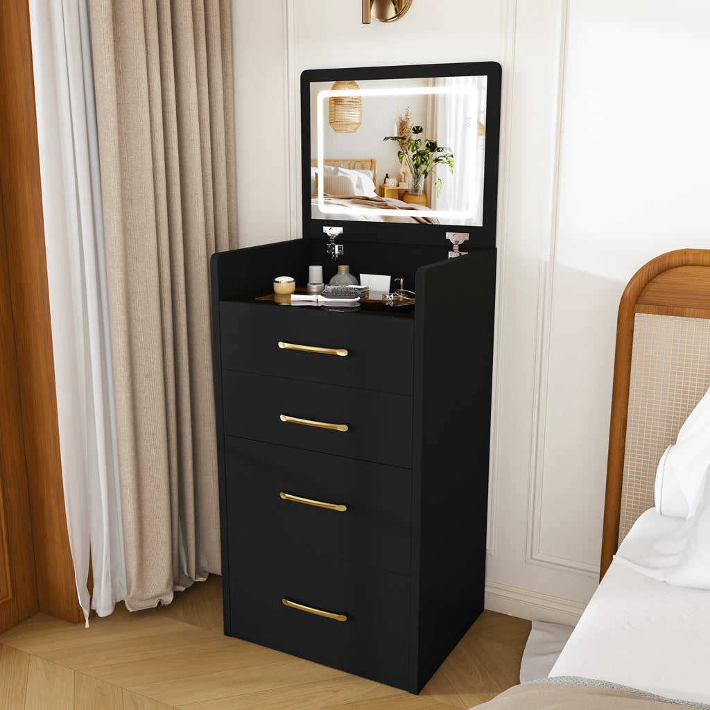3-in-1 Black Makeup Vanity Desk with Flip-Up Mirror, Glass Top & 3 Drawers