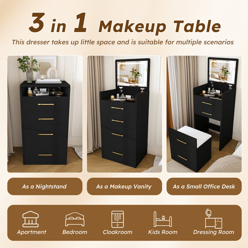 3-in-1 Black Makeup Vanity Desk with Flip-Up Mirror, Glass Top & 3 Drawers