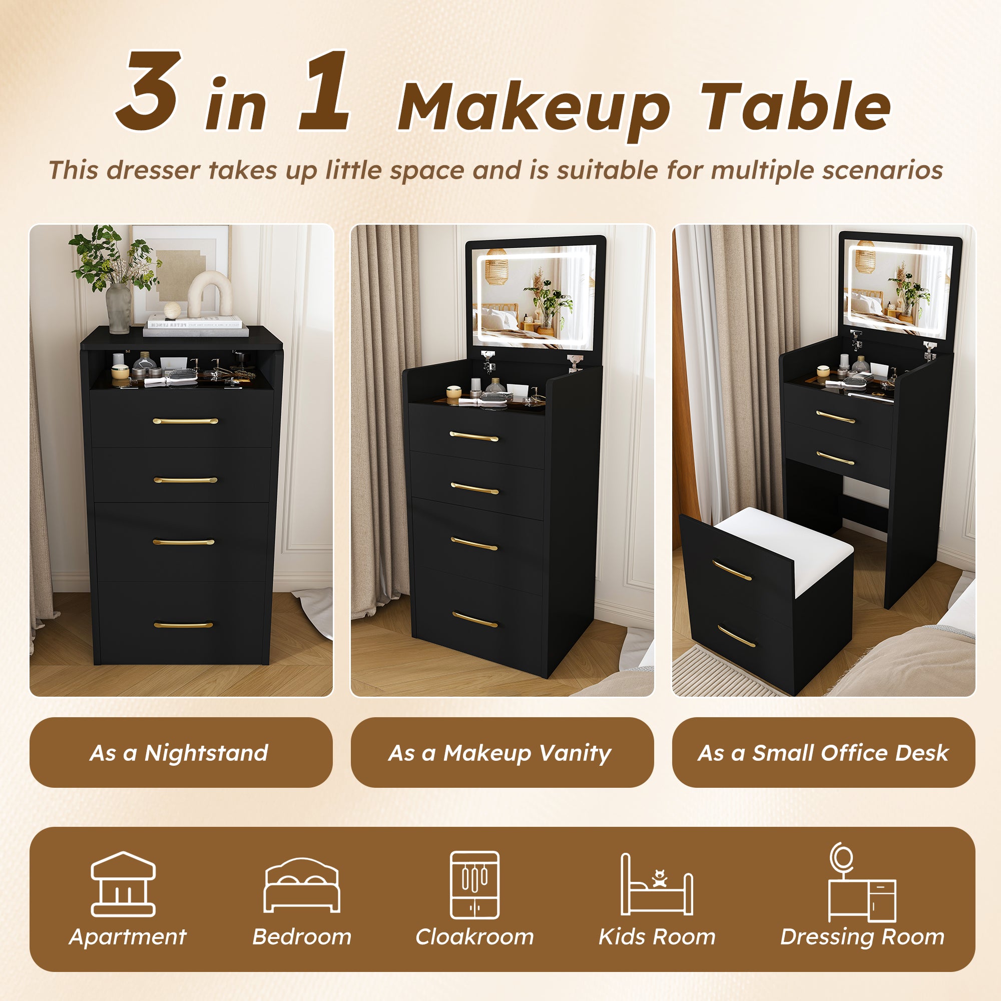 3-in-1 Black Makeup Vanity Desk with Flip-Up Mirror, Glass Top & 3 Drawers
