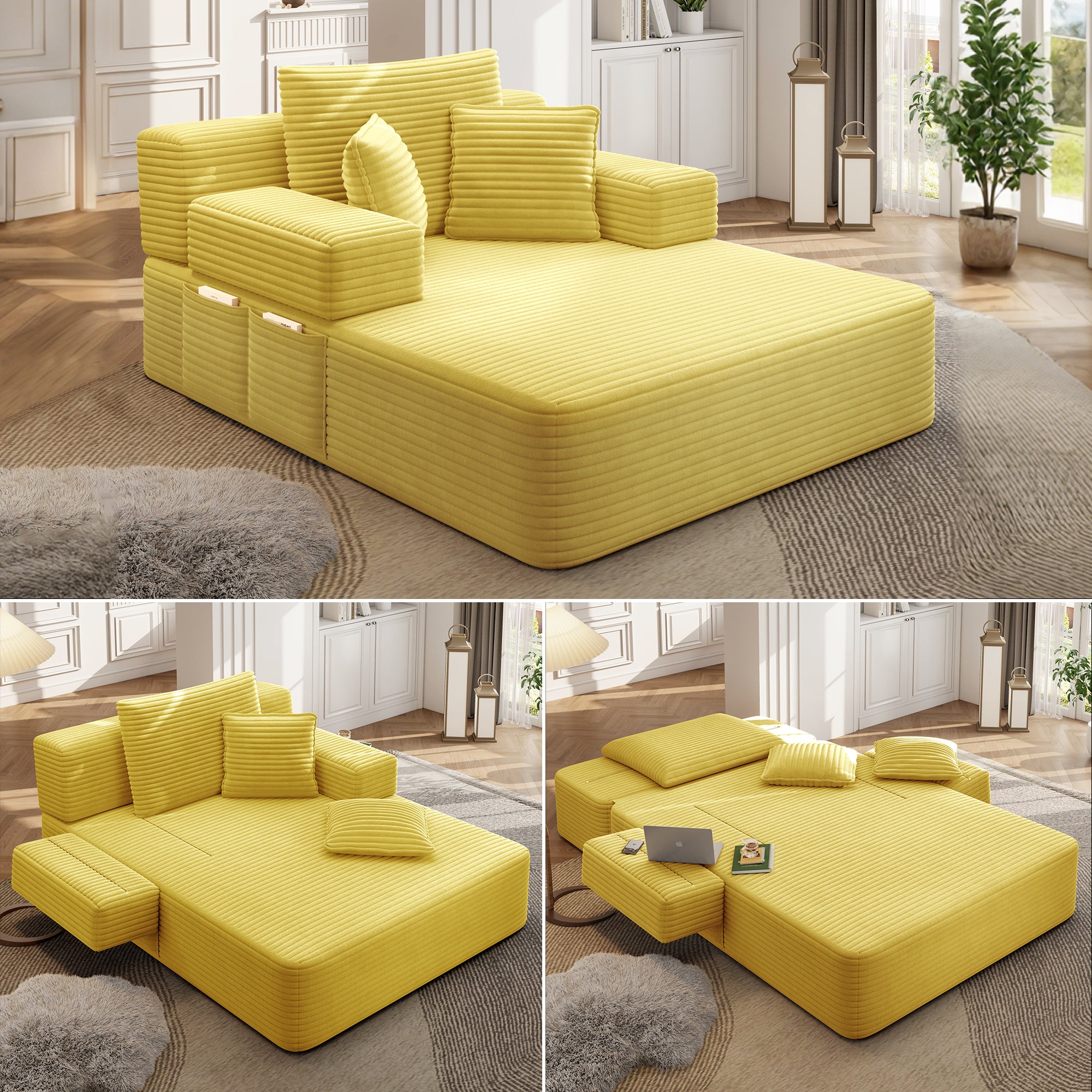 Front view of yellow oversized corduroy chaise lounge sofa bed with wide armrests and visible side storage pocket