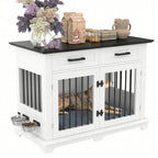 44.5" Wooden Dog Crate End Table with 2 Drawers & Rotating Bowls, White and Black