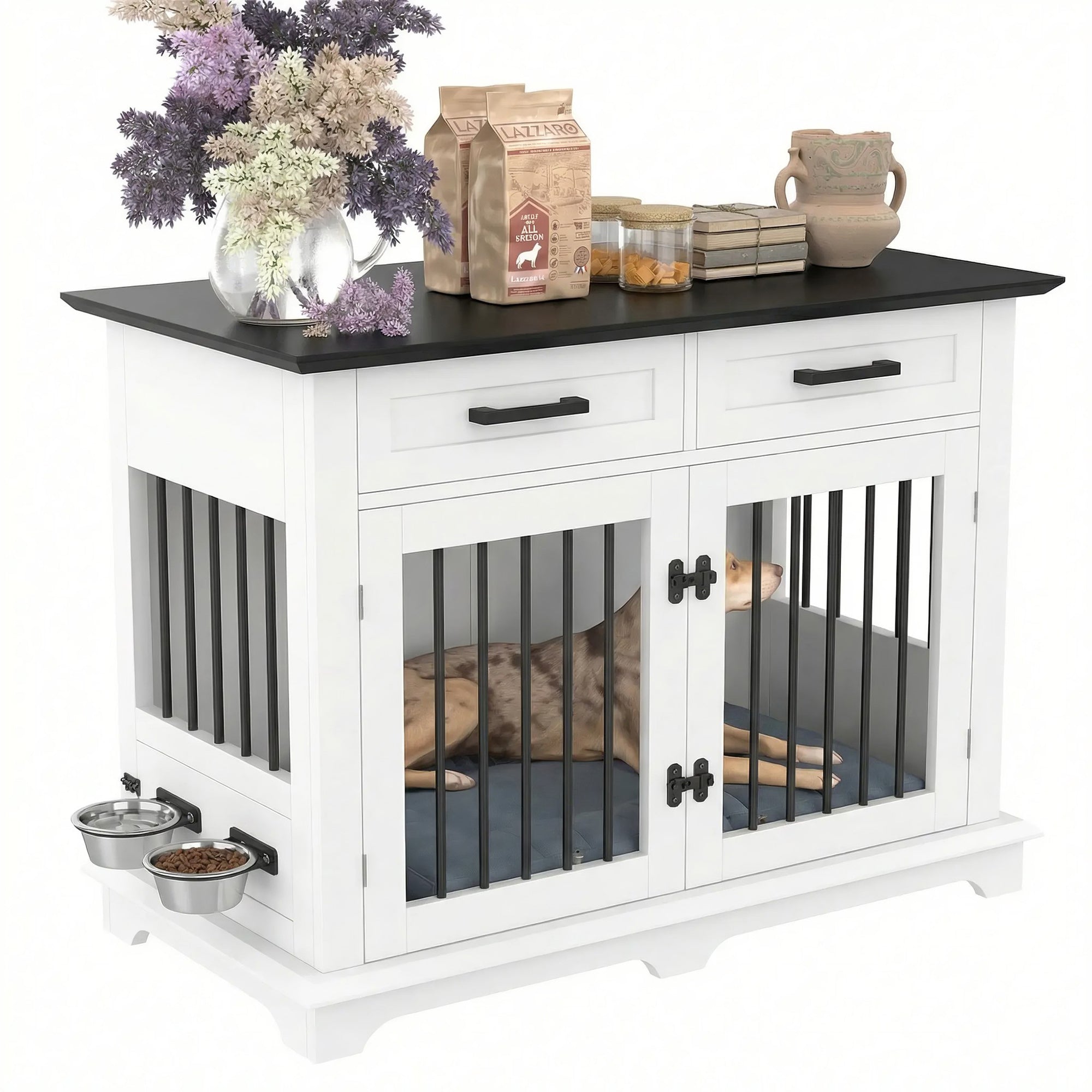 44.5" Wooden Dog Crate End Table with 2 Drawers & Rotating Bowls, White and Black