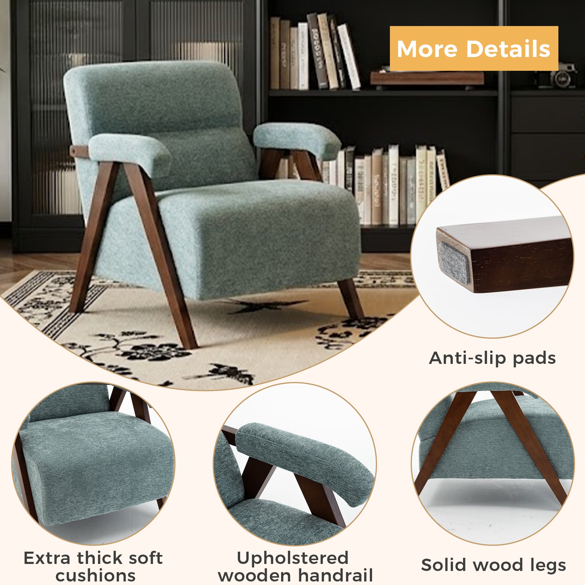 Mid-Century Modern Green Accent Chair with Solid Wood Frame & Tufted Cushion - product detail image 8