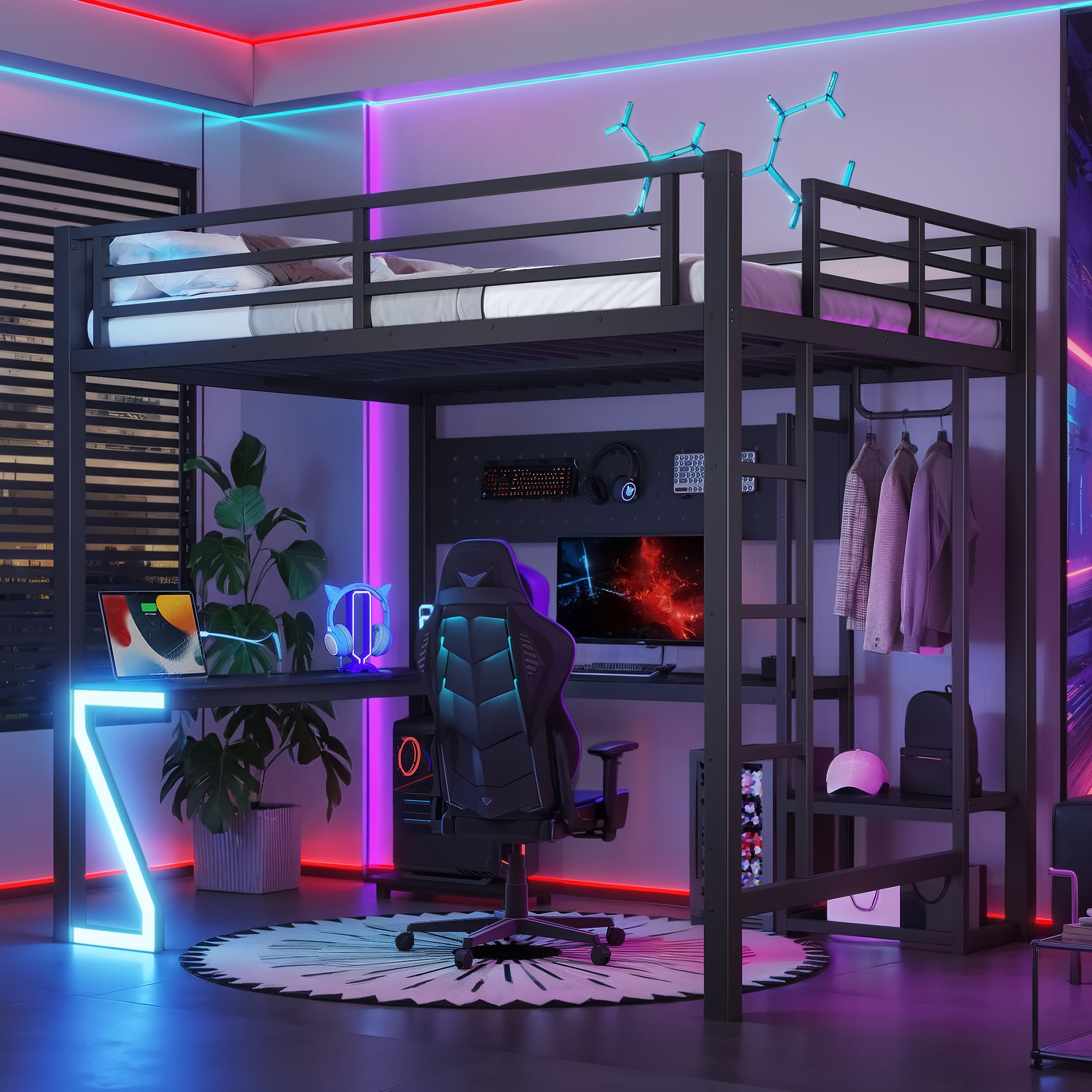 Full Metal Loft Bed with L-Shaped Desk, USB Ports, Peg Board & Z-Lights – Black