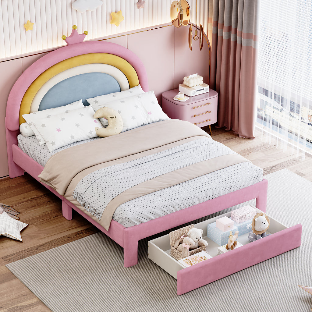 Full Size Upholstered Rainbow Velvet Platform Bed with Storage Drawer – Pink