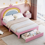 Full Size Upholstered Rainbow Velvet Platform Bed with Storage Drawer – Pink