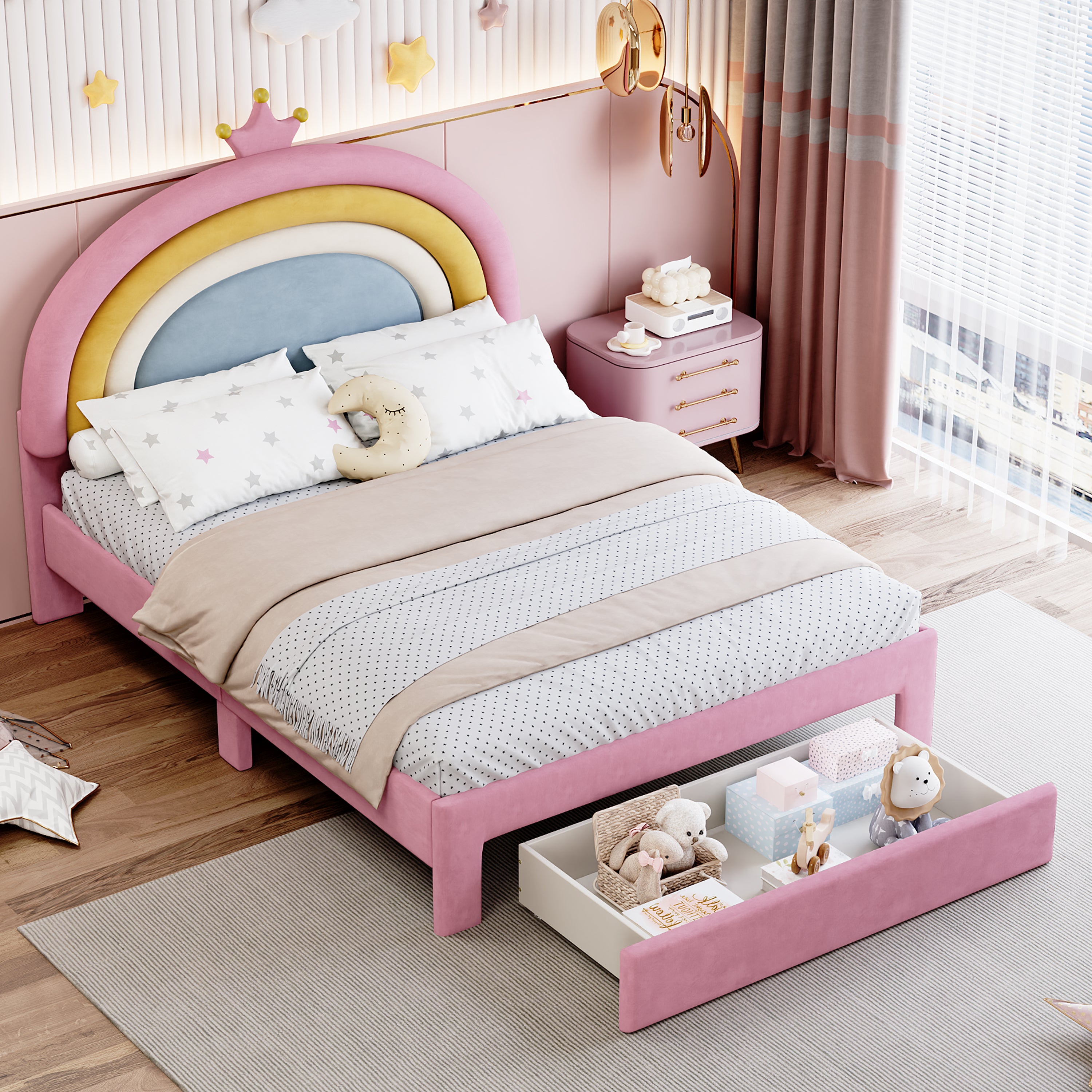 Full Size Upholstered Rainbow Velvet Platform Bed with Storage Drawer – Pink