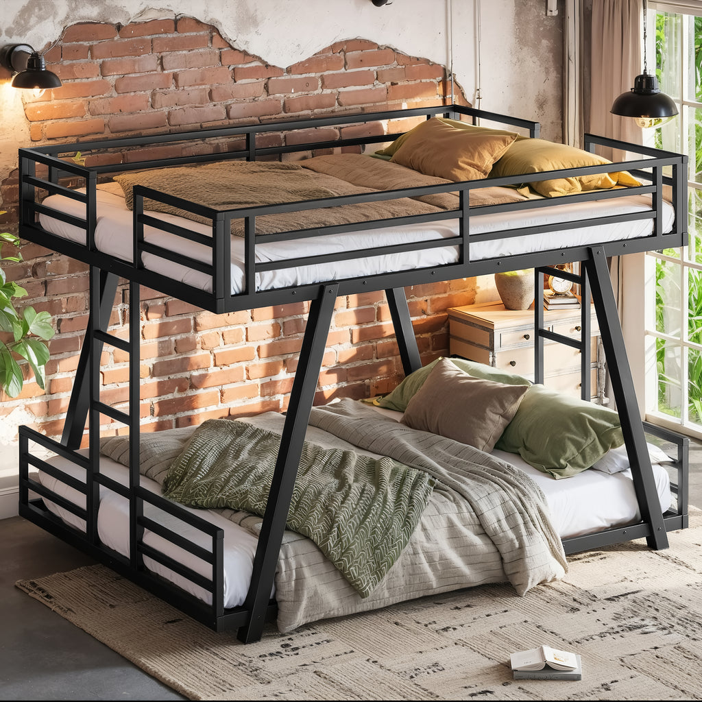Queen over Queen Metal Bunk Bed with Dual Side Ladders and Low Profile Design – Black