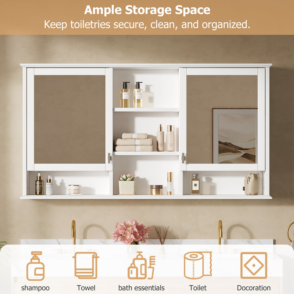 55-inch Wall-Mount Mirror Cabinet with Adjustable Shelves and Soft-Close Doors