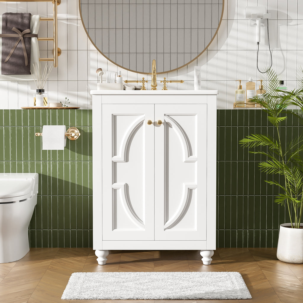 24-inch Modern White Bathroom Vanity with Ceramic Sink and Soft-Close Hinges