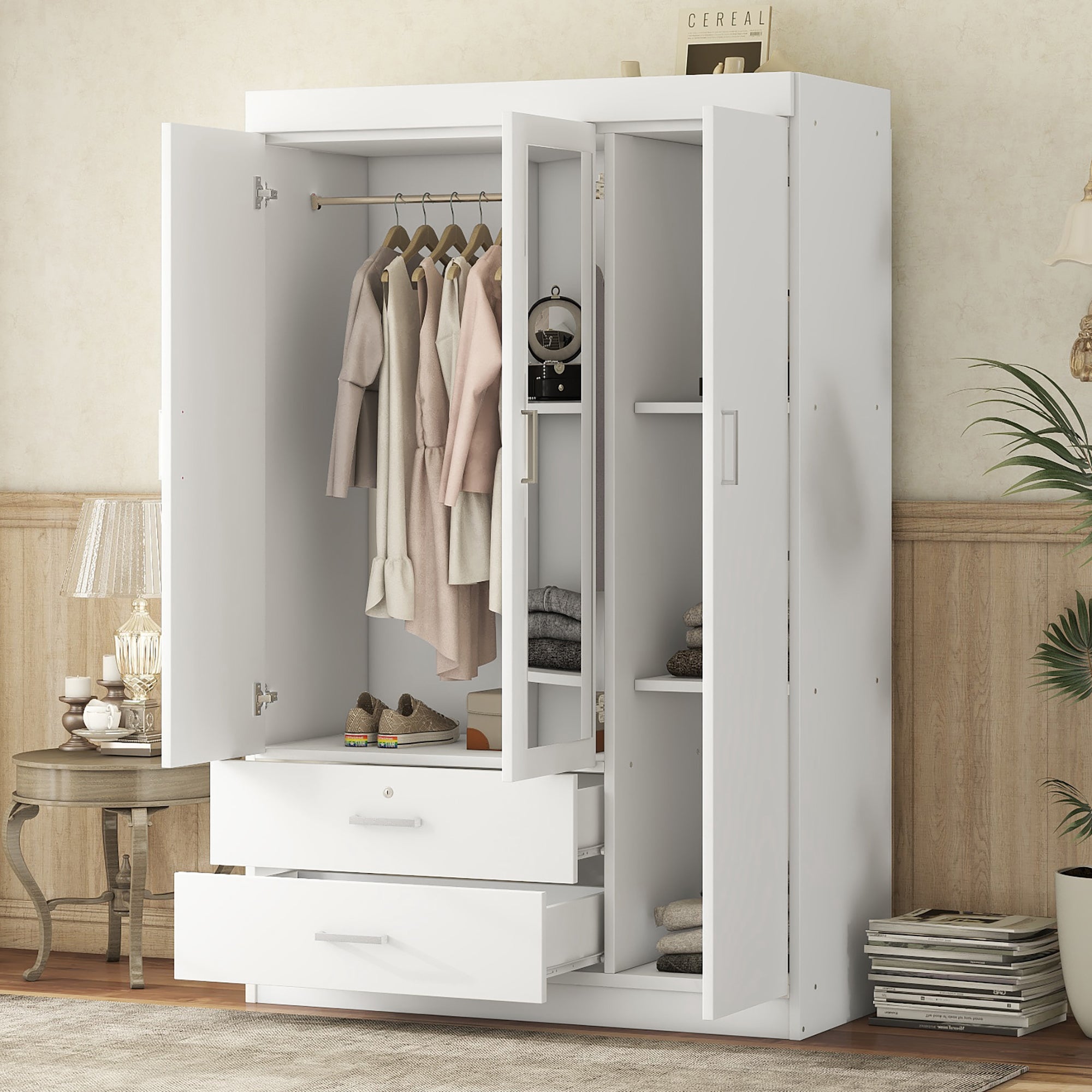 Front view of a white 3-door wardrobe with full-length mirror on center door