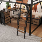Full Size Metal Loft Bed with Desk, LED Light & Storage Shelves