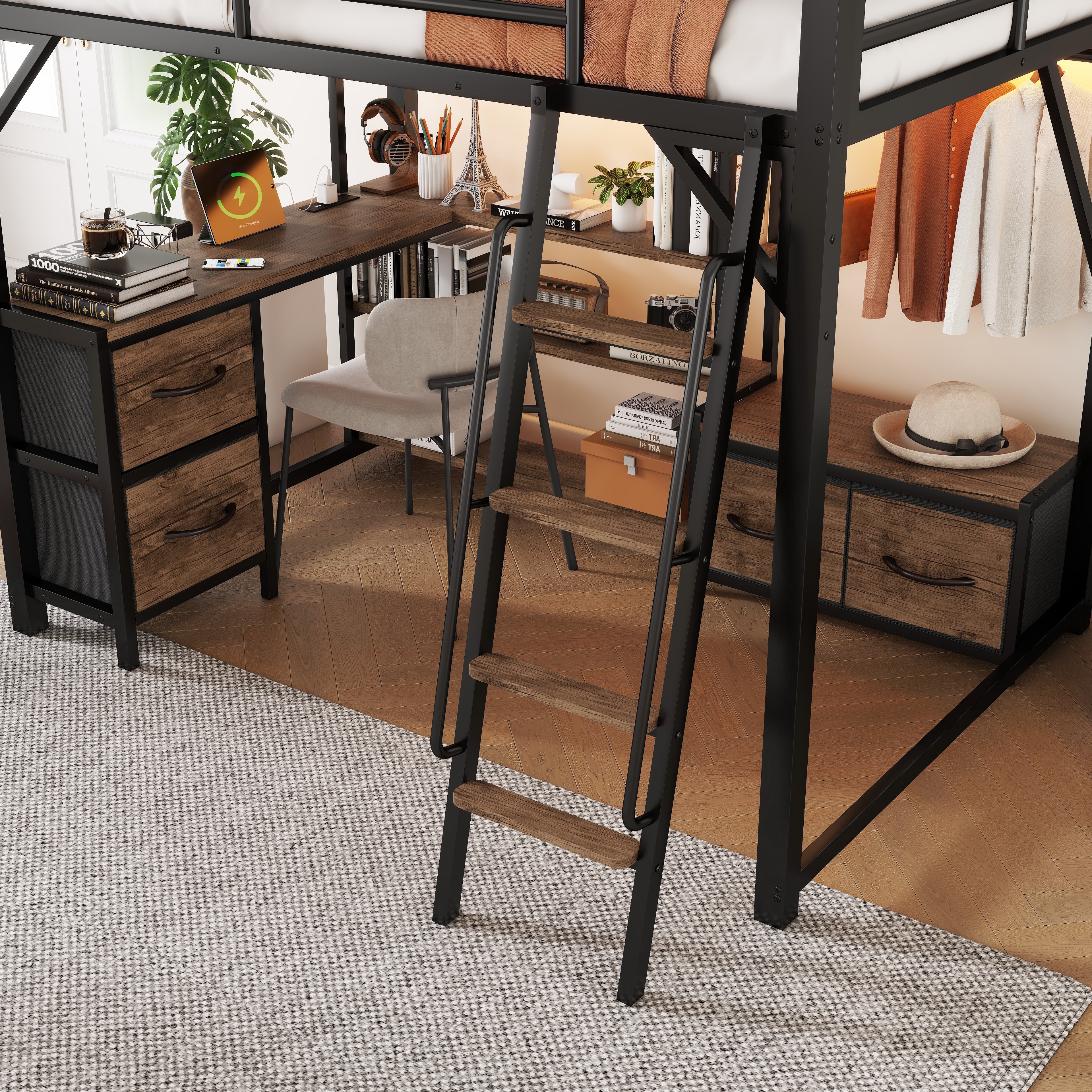 Full Size Metal Loft Bed with Desk, LED Light & Storage Shelves