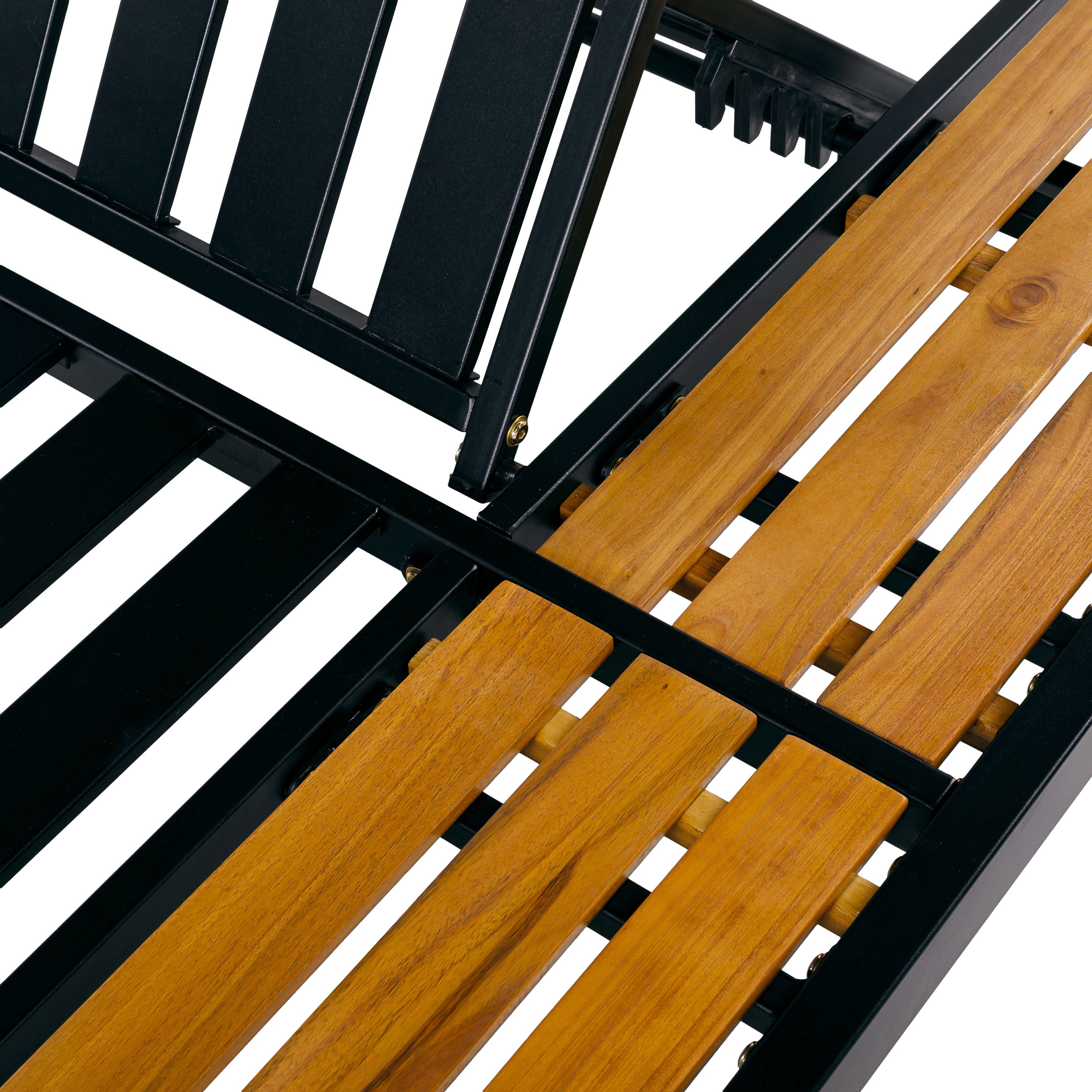 Black Iron and Teak-Finish Acacia Wood Outdoor Chaise Lounge Frame with Adjustable Backrest and Storage Surface