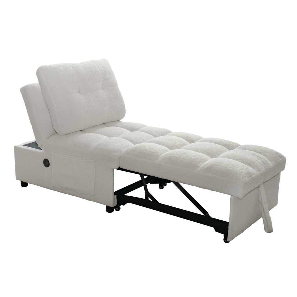 Single Sofa Bed with Adjustable Backrest, Teddy Fabric, USB Port & Side Pockets