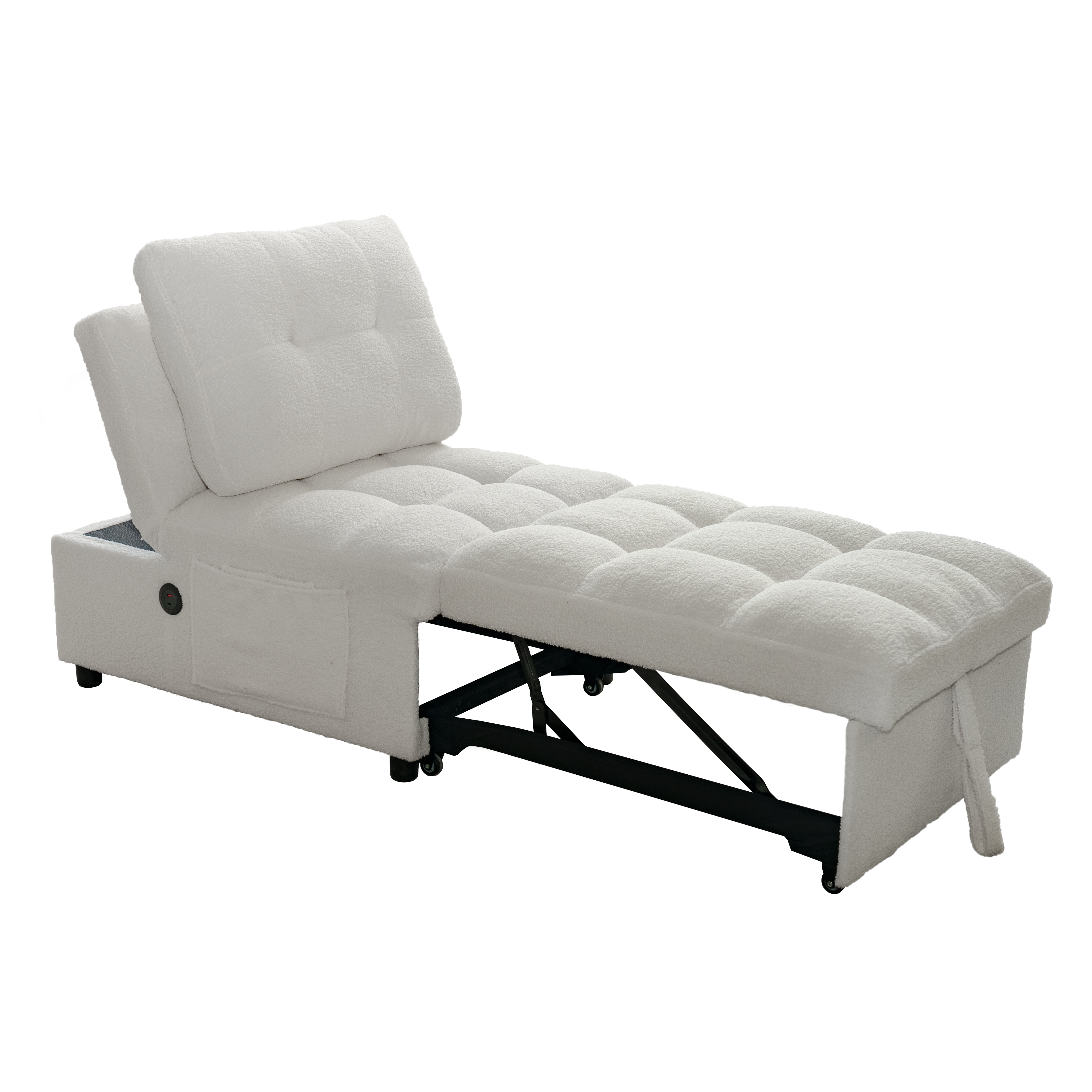 Single Sofa Bed with Adjustable Backrest, Teddy Fabric, USB Port & Side Pockets