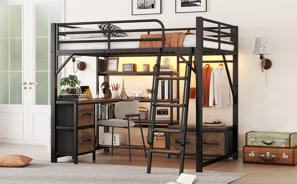 Full Size Metal Loft Bed with Desk, LED Light & Storage Shelves