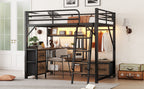Full Size Metal Loft Bed with Desk, LED Light & Storage Shelves