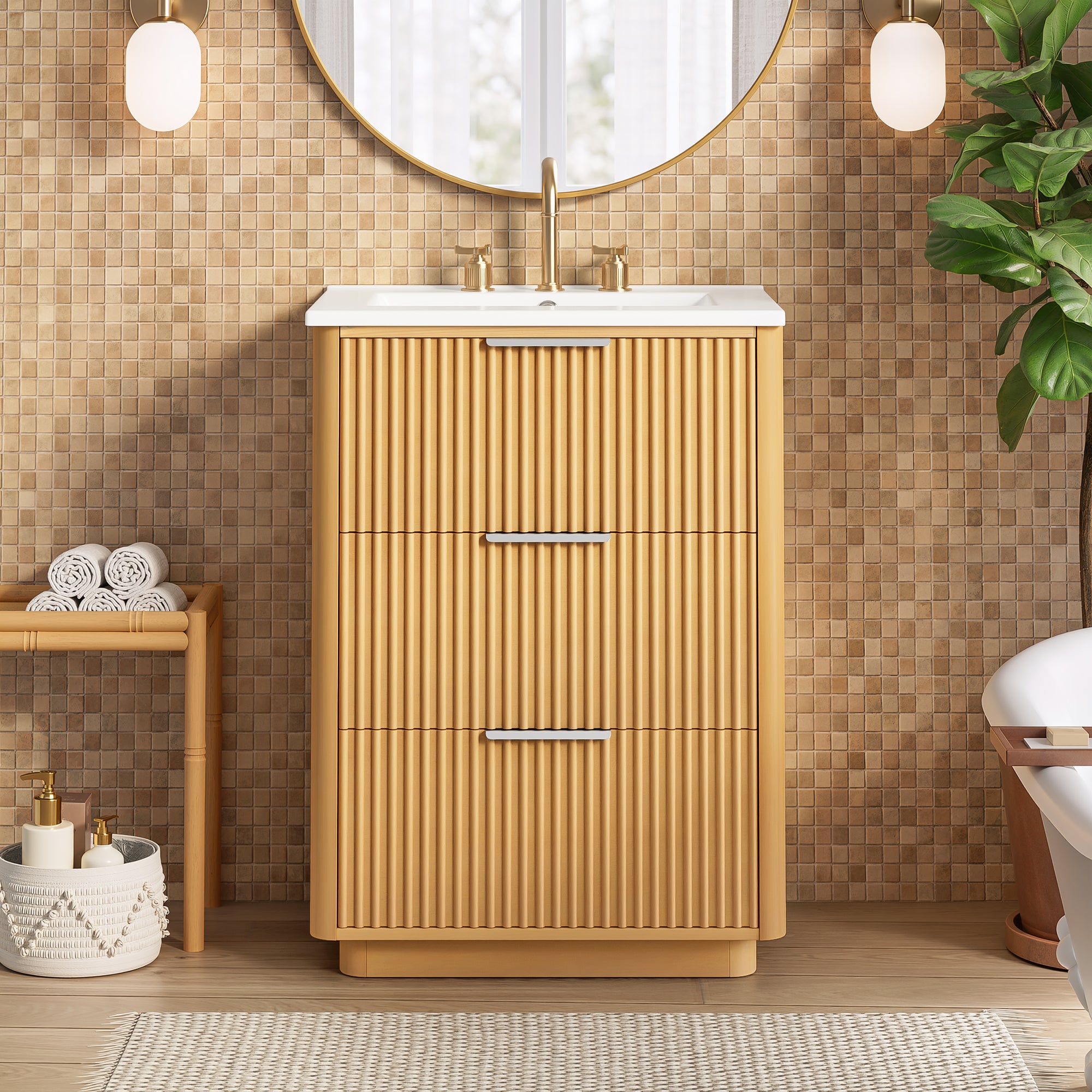 24-inch Modern Bathroom Vanity with Ceramic Sink and Wood Cabinet Main image