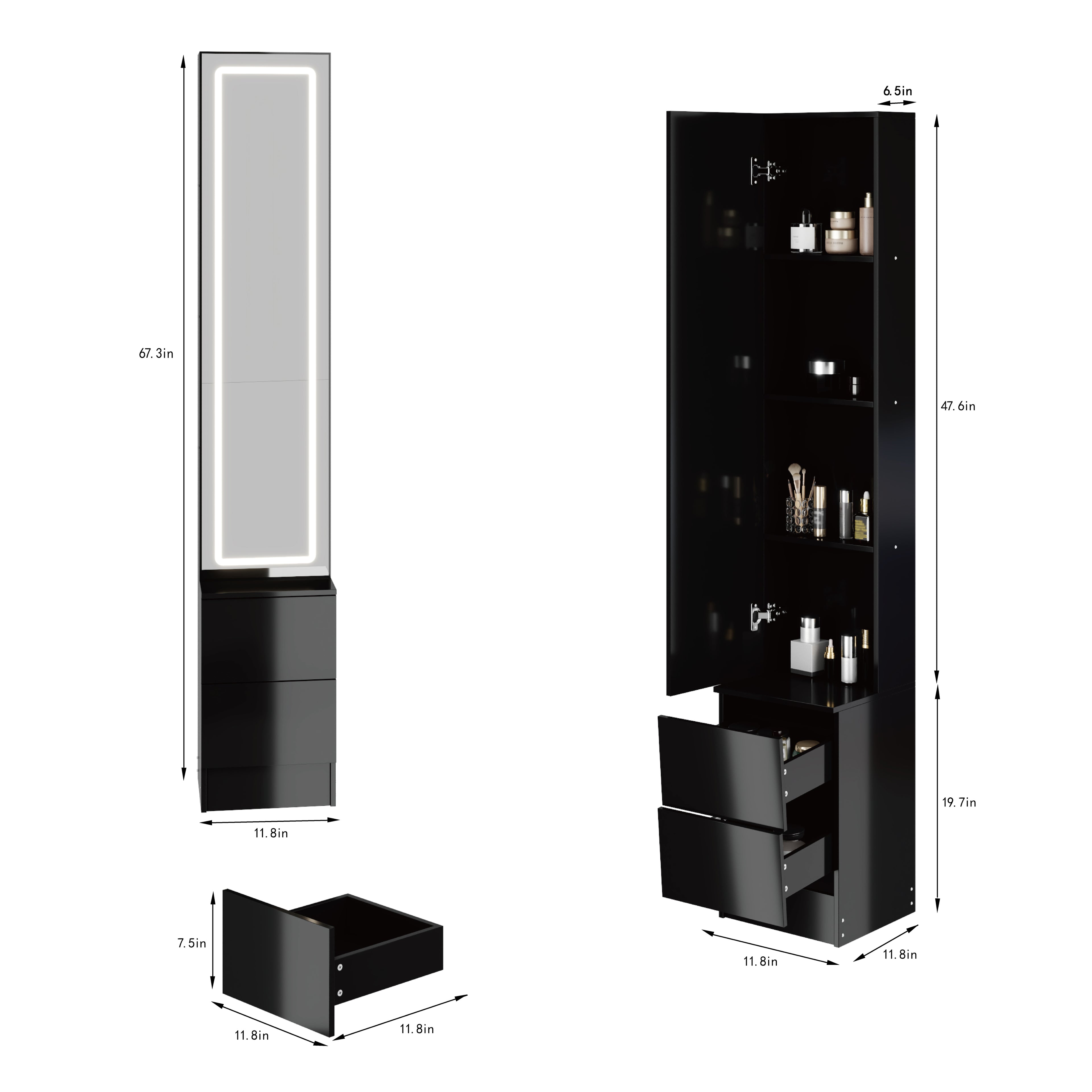 LED Full-Length Dressing Mirror Cabinet with Adjustable Brightness & Multi-Layer Storage