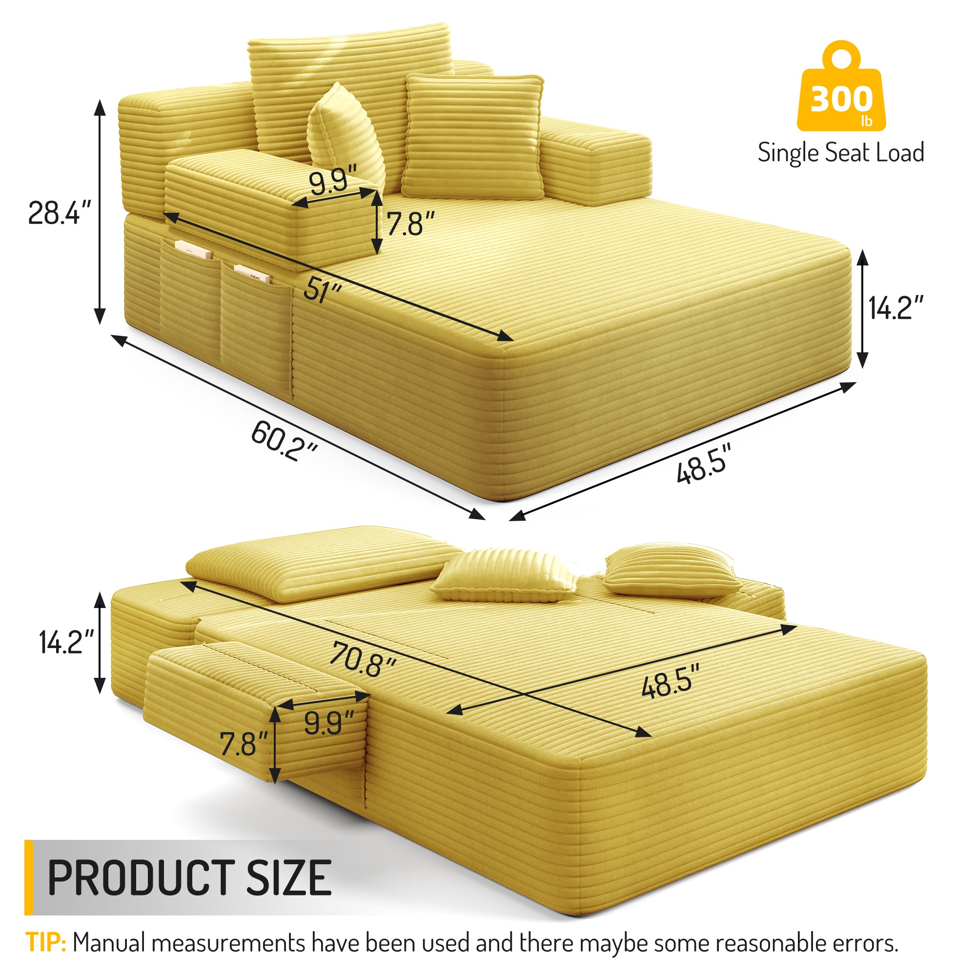 Oversized Plush Corduroy Chaise Lounge Sofa Bed – Yellow Secondary image