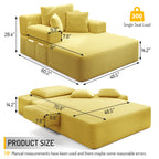 Side view showing square armrest, side storage pocket, and corduroy texture
