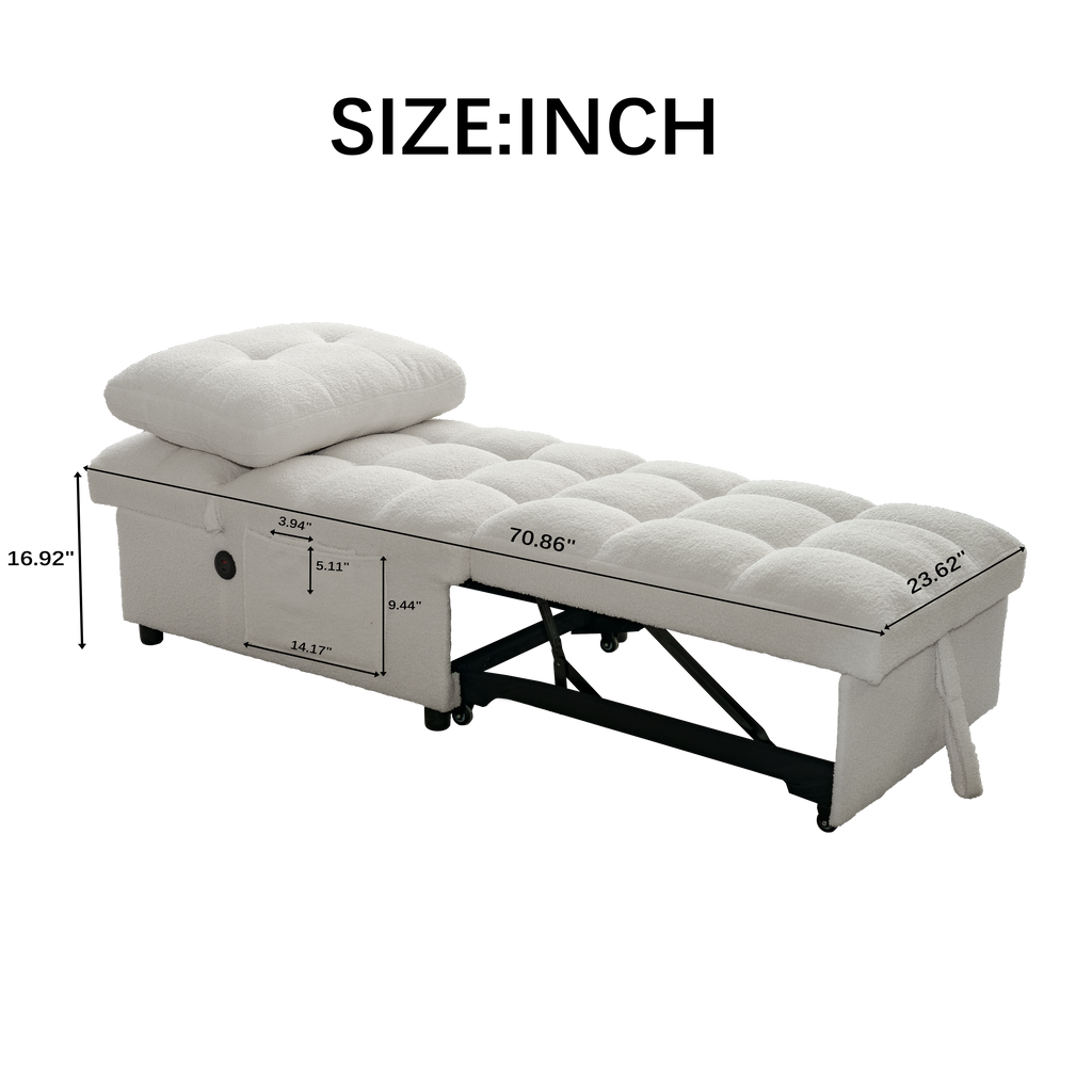 Single Sofa Bed with Adjustable Backrest, Teddy Fabric, USB Port & Side Pockets