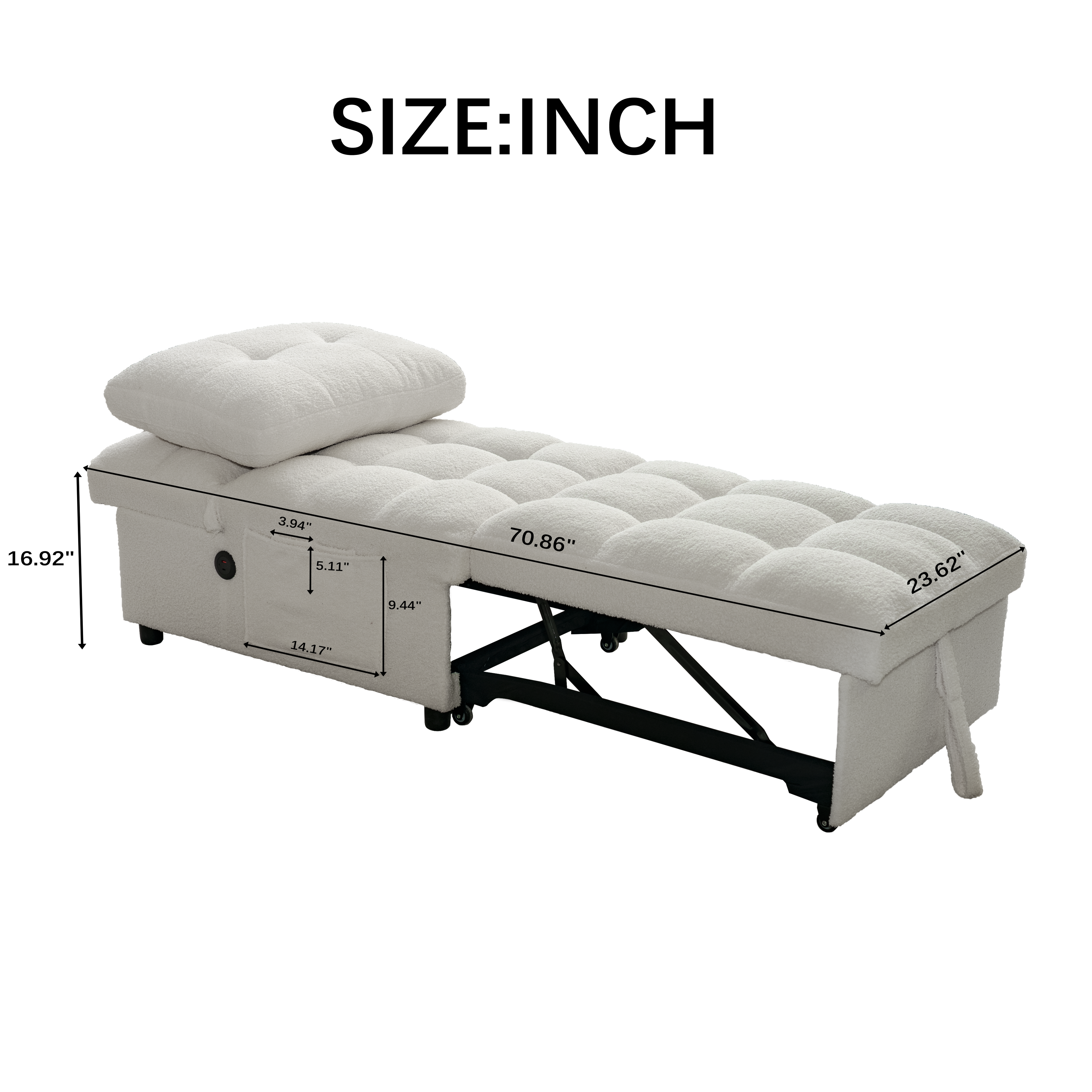 Single Sofa Bed with Adjustable Backrest, Teddy Fabric, USB Port & Side Pockets