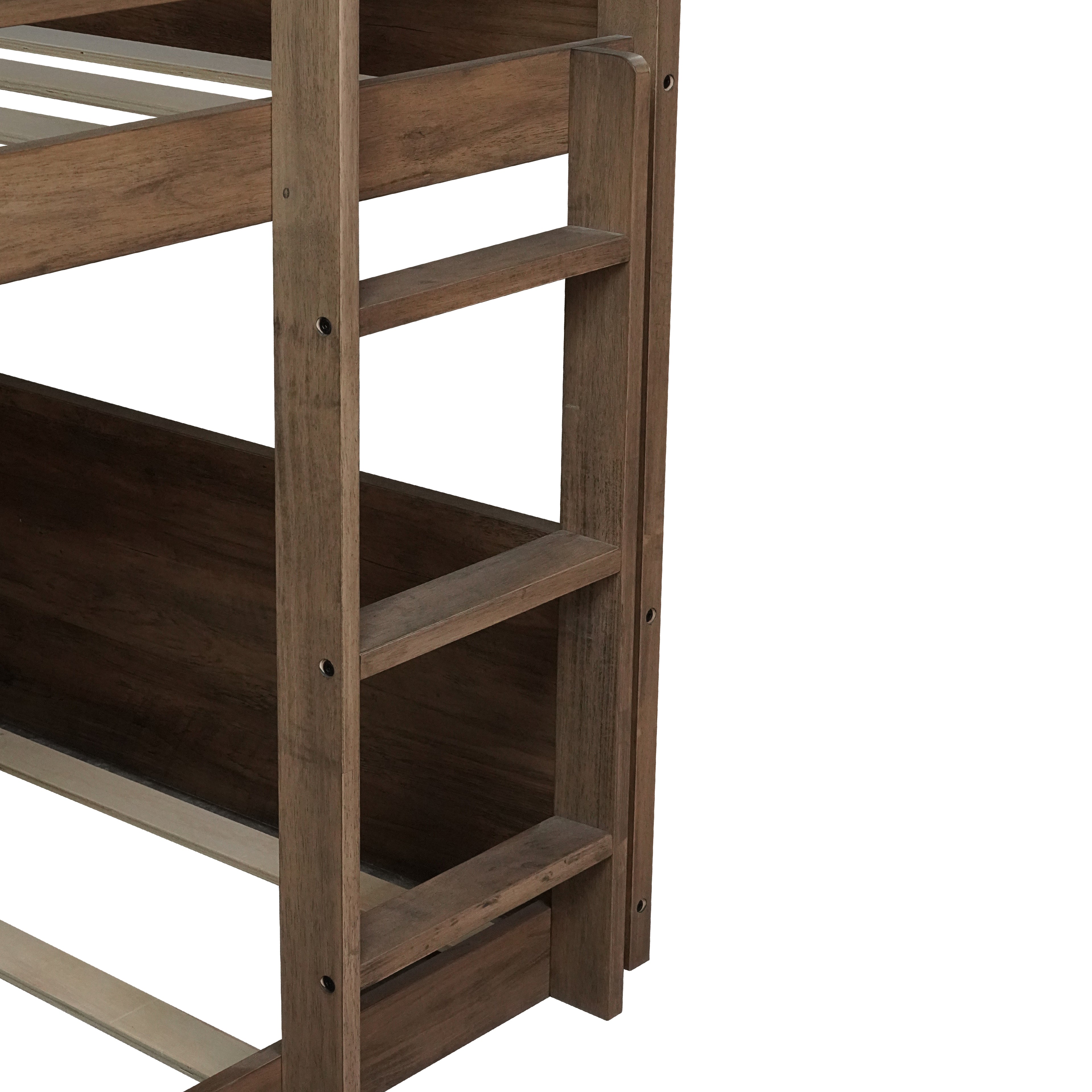 Twin Over Twin Floor Bunk Bed in Antique Oak – Solid Rubber Wood, Built-in Ladder & Safety Guardrails