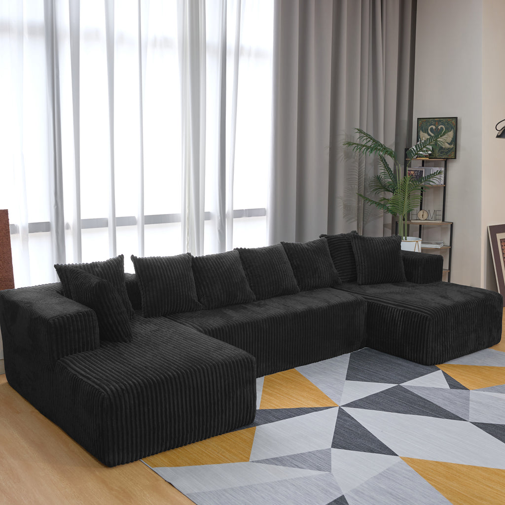 130" U-Shaped Corduroy Sectional Sofa with Chaise, 4-Seat Black Living Room Couch, No Assembly Required