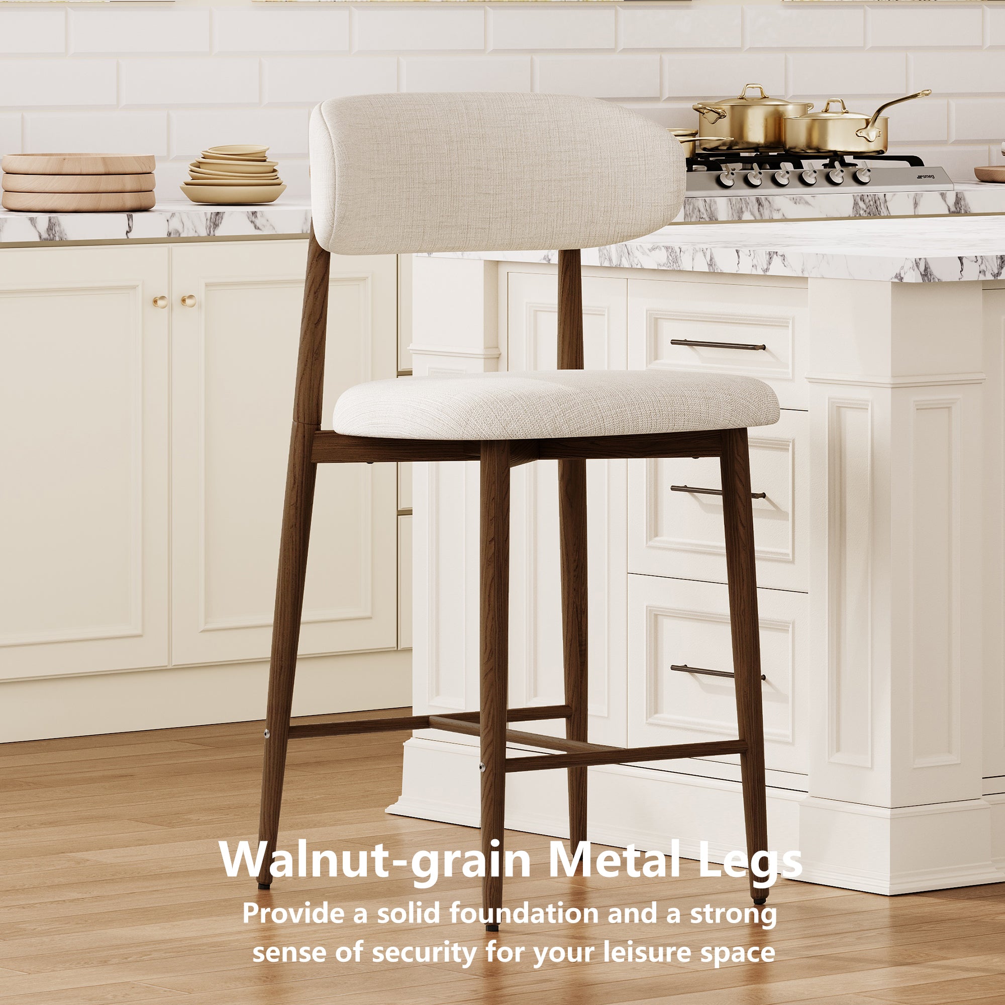 Counter Height Bar Stools Set of 2 – Modern Beige Upholstered Stools with Metal Legs for Kitchen Island