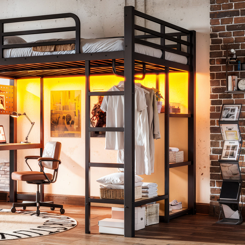 Full Size Metal Loft Bed with Desk, Shelves, USB Ports & Lights – Black - product detail image 9