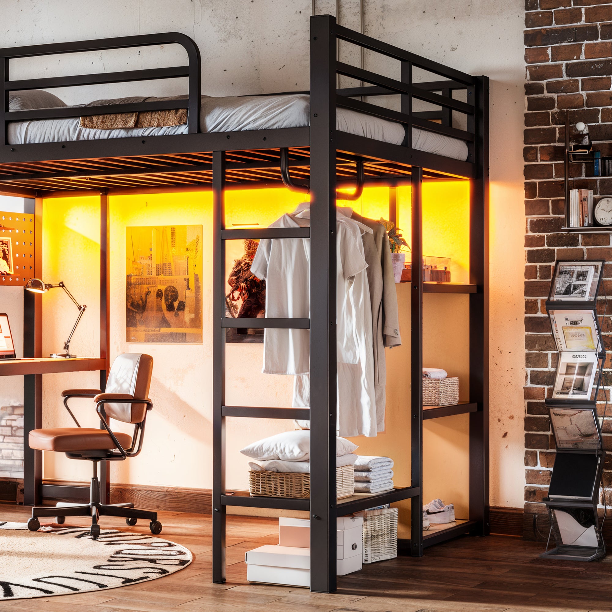 Full Size Metal Loft Bed with Desk, Shelves, USB Ports & Lights – Black - product detail image 9