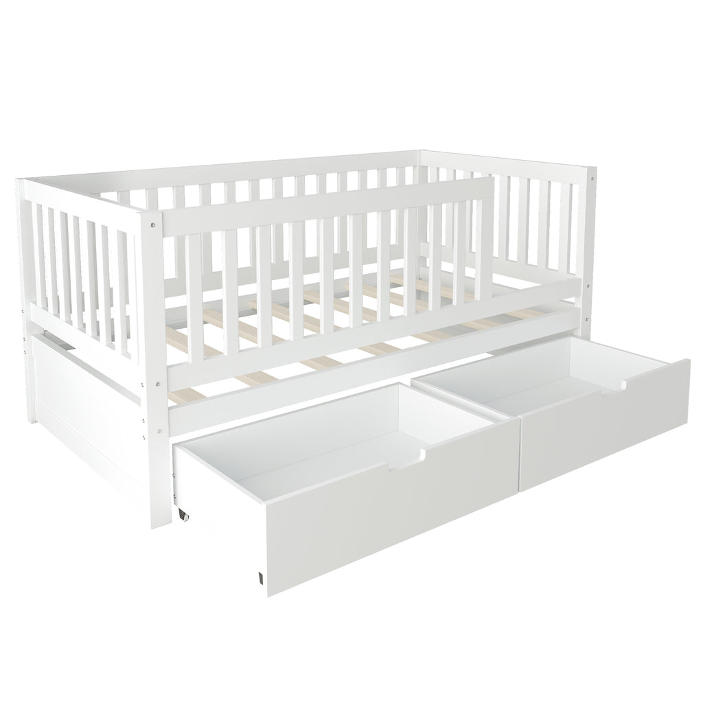 3-in-1 Convertible Toddler Bed with Storage Drawers, Solid Wood Daybed, White
