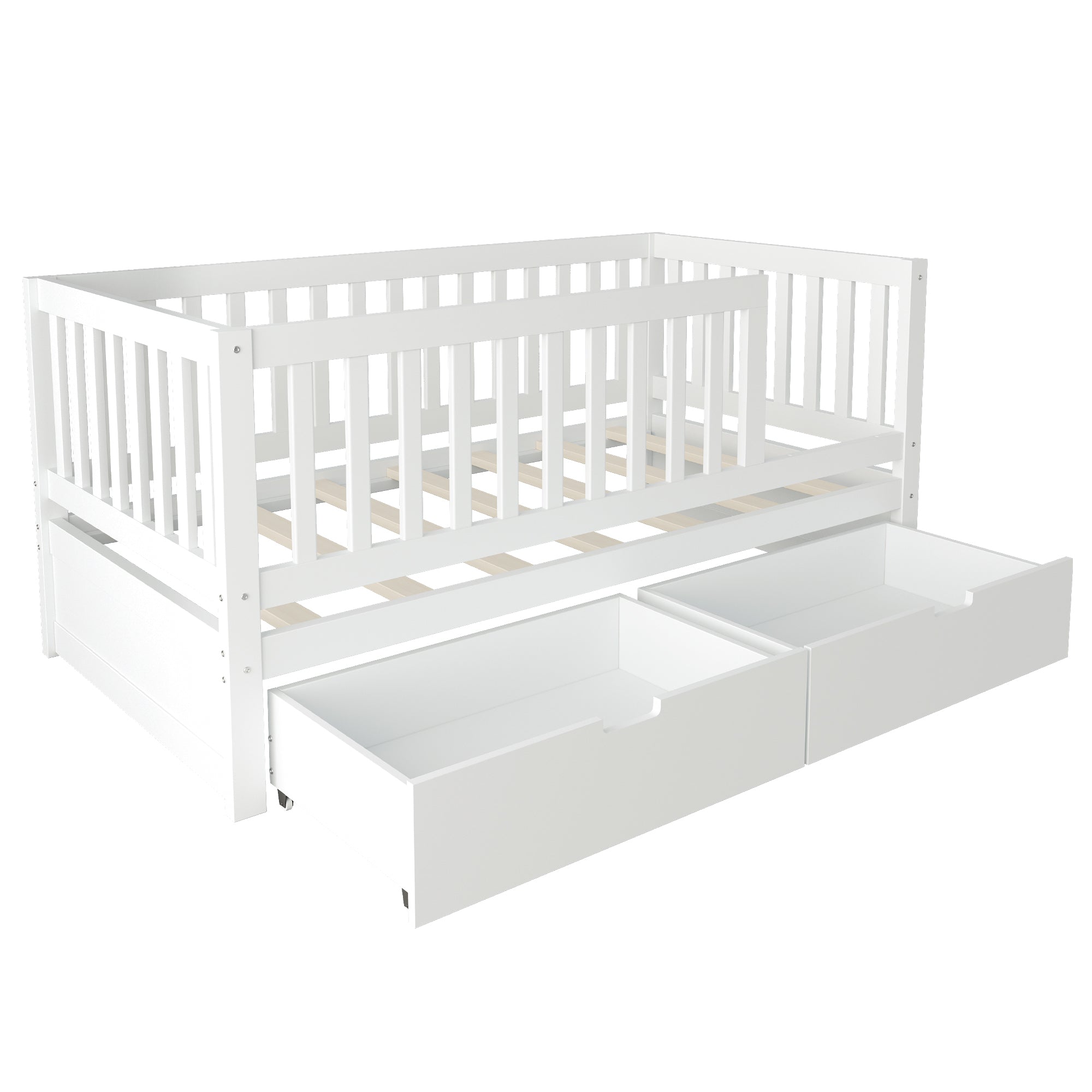 3-in-1 Convertible Toddler Bed with Storage Drawers, Solid Wood Daybed, White