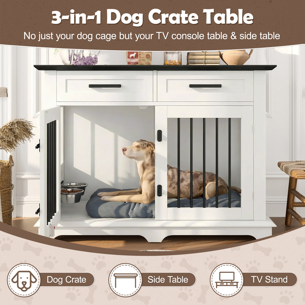 44.5" Wooden Dog Crate End Table with 2 Drawers & Rotating Bowls, White and Black