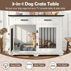 44.5" Wooden Dog Crate End Table with 2 Drawers & Rotating Bowls, White and Black
