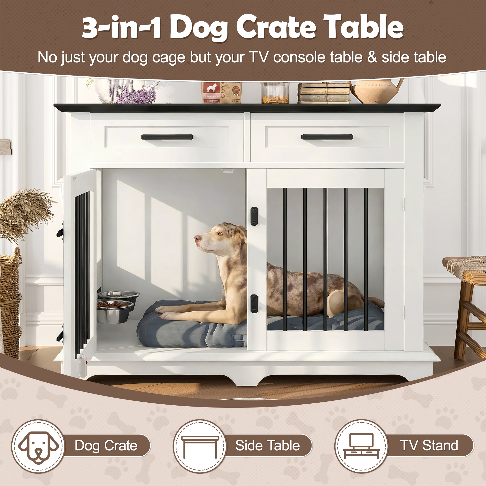 44.5" Wooden Dog Crate End Table with 2 Drawers & Rotating Bowls, White and Black