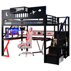 Full Size Metal Loft Bed with Stairs, High Guardrails & Built-in Wardrobe – Black