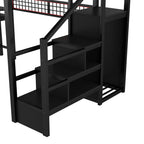 Full Size Metal Loft Bed with Stairs, High Guardrails & Built-in Wardrobe – Black